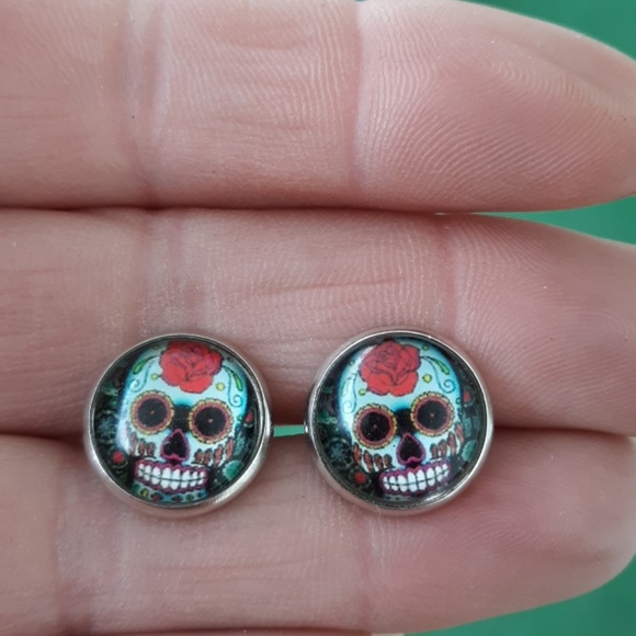 New Day of the Dead Sugar Skull Glass Cabochon Silver Stud Earrings. - Picture 3 of 4